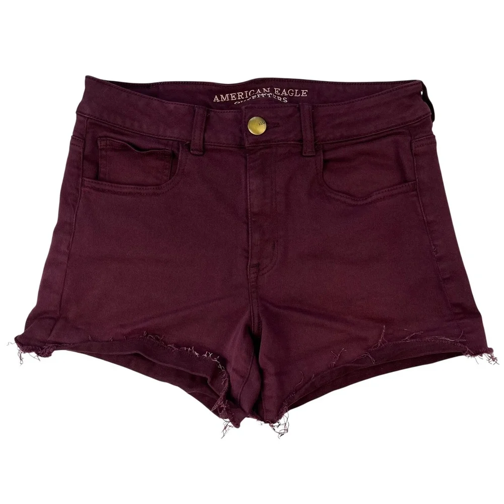 American Eagle Hi-Rise Shortie Burgundy Super Stretch Raw Hem Denim Shorts 10